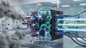 Dispositivo de laboratorio futurista mostrando gases grises entrando por tubos a la izquierda y energía eléctrica azul y verde saliendo por cables a la derecha.