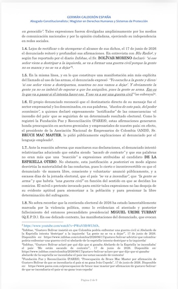 El documento también incorpora declaraciones en las que Bolívar mencionó la posibilidad de una “guerra civil” y aseguró que “la gente se arma” si considera que está siendo perseguida o atacada políticamente - crédito @GermanCalderonE/X
