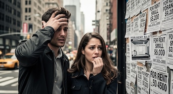 Una pareja joven con expresiones de angustia observa carteles de 'Se Alquila' en una pared de ladrillo en una calle de Nueva York, con edificios y un taxi amarillo al fondo.