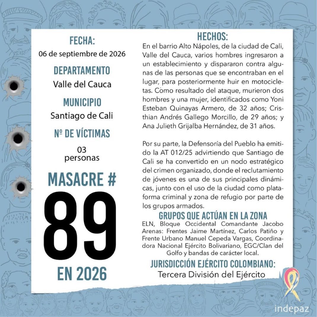 Ataque armado en Cali dejó tres muertos y fue reportado como la masacre 89 de 2026 - crédito @Indepaz/X