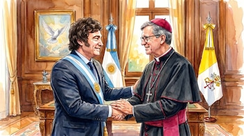 Pintura en acuarela de Javier Milei y Jorge García Cuerva estrechando manos en una oficina. Milei lleva banda presidencial, García Cuerva vestimenta eclesiástica.