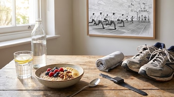 Una mesa de madera rústica con un bol de avena con bayas y plátano, un vaso de agua con limón, una botella de agua, zapatillas, una toalla enrollada y un reloj inteligente.