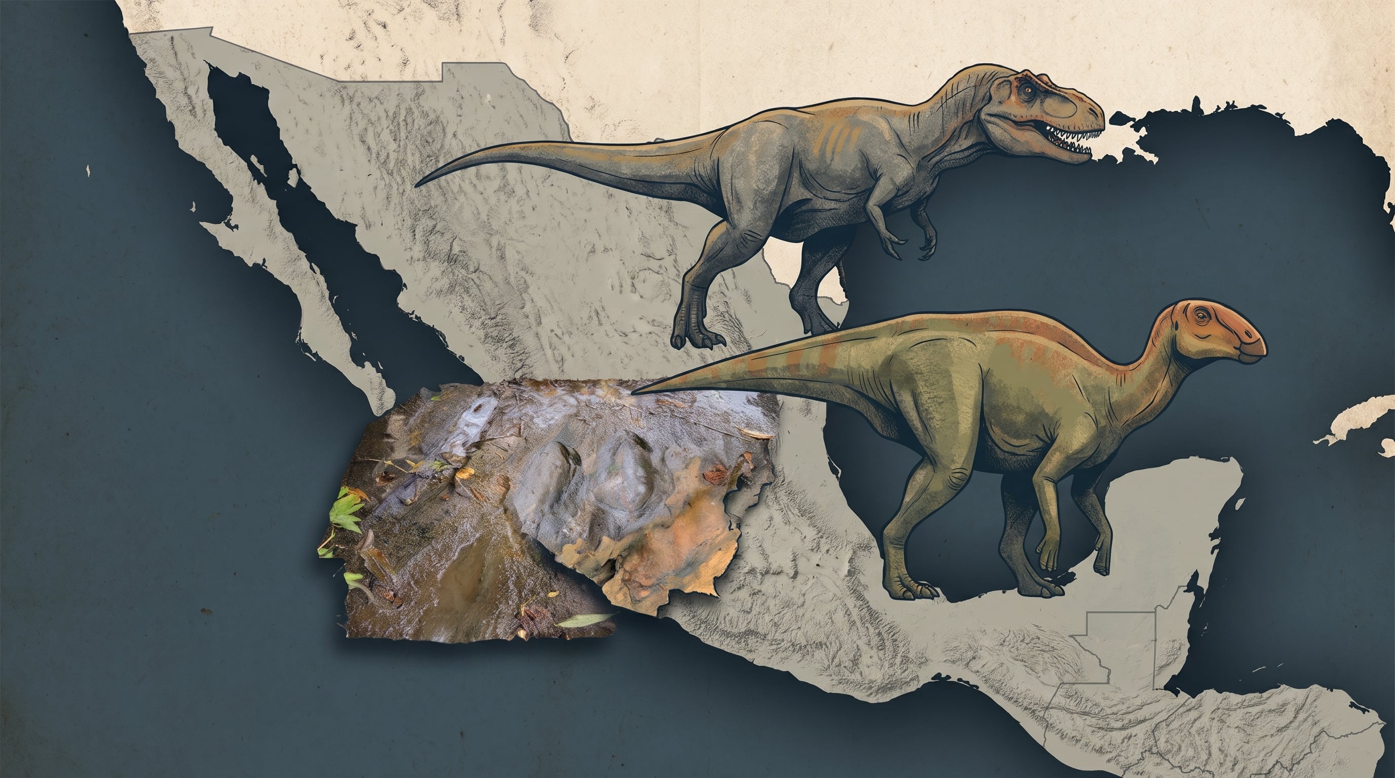 Una composición cartográfica ubica huellas fósiles en Michoacán junto a ilustraciones de un terópodo y un hadrosaurio sobre el relieve de México. (Imagen Ilustrativa Infobae)
