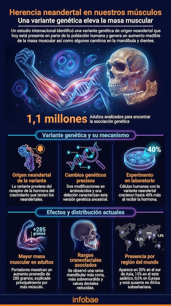 Infografía de fondo azul oscuro que muestra brazo, esqueleto craneal, ADN, células y un mapa global con texto sobre la herencia neandertal.