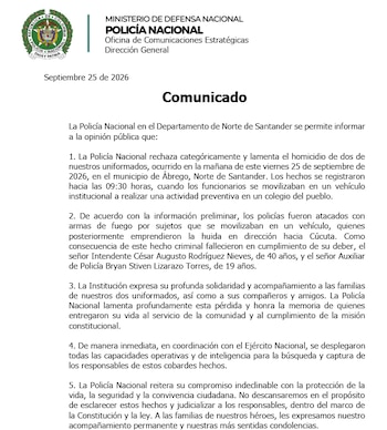 Comunicado de la Policía sobre asesinato de dos uniformados en Norte de Santander - crédito Policía Nacional