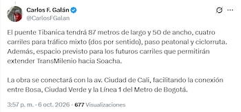 Carlos Fernando Galán señaló que la obra ayudará a descongestionar el sur de Bogotá y fortalecerá la conexión con Soacha - crédito Carlos Fernando Galán/X