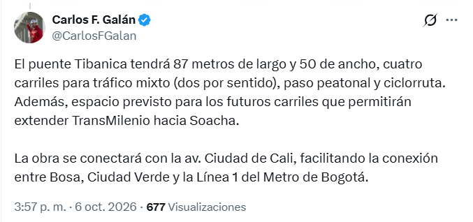 Carlos Fernando Galán señaló que la obra ayudará a descongestionar el sur de Bogotá y fortalecerá la conexión con Soacha - crédito Carlos Fernando Galán/X