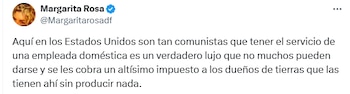 Margarita Rosa de Francisco lanzó pullas a quienes tienen empleadas domésticas - crédito X