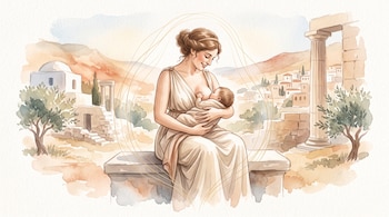 Acuarela de una mujer vestida con una túnica blanca que amamanta a un bebé sentada en un banco de piedra entre columnas y olivos.