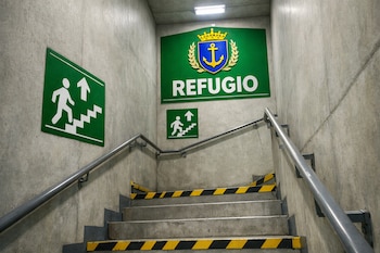 Escaleras de cemento con barandales y franjas amarillas y negras. Carteles verdes de evacuación, uno con "REFUGIO" y un escudo municipal.