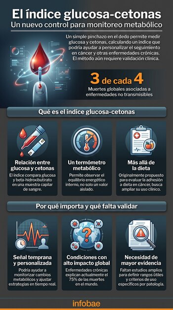 Punción en un dedo con gota de sangre, gráficos científicos, tubos de ensayo, termómetro, documentos médicos y texto explicativo sobre el índice glucosa-cetonas.