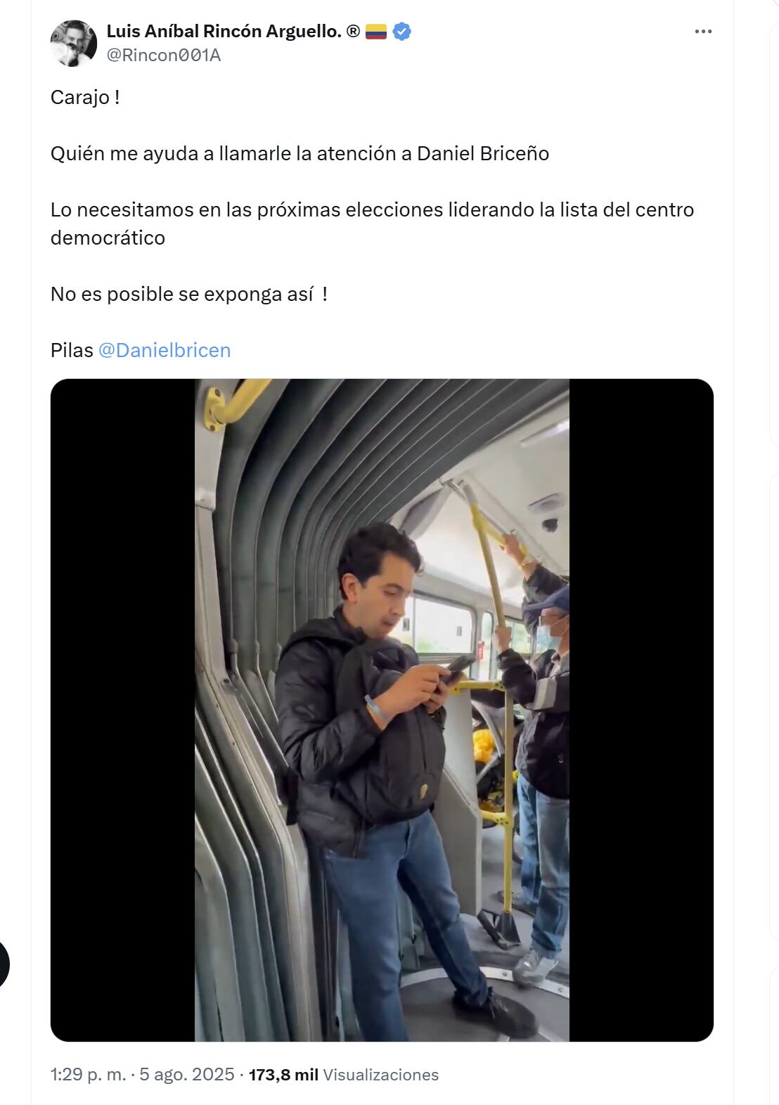 Usuario pidió a Daniel Briceño considerar no exponerse utilizando el transporte público - crédito @Rincon001A/X