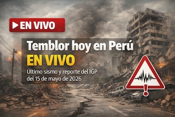 Imagen de una ciudad destruida con edificios colapsados, escombros en las calles, cielo oscuro y un cartel de advertencia de sismo, con texto superpuesto 'Temblor hoy en Perú EN VIVO'.