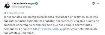 El vicepresidente del Senado, Alejandro Ocampo, cuestionó la decisión de romper relaciones diplomáticas con Irán y solicitó a la Cancillería explicar las razones que llevaron al Gobierno a adoptar esta medida - crédito @alejoocampog/X