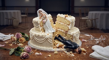 Figurillas de novios sobre un pastel de bodas desmoronado, con la novia llorando y el novio boca abajo. Rosas, copas volcadas y migas en una mesa.