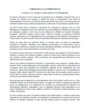 Las tres organizaciones sindicales exigen al Gobierno explorar alternativas de capitalización y reestructuración antes de adoptar cualquier decisión administrativa sobre Emssanar, Asmet Salud y Famisanar- crédito Sindisalud