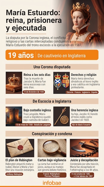 Infografía vertical con el retrato de María Estuardo, secciones con texto y gráficos de coronas, un sobre con sello, una lupa y un hacha.