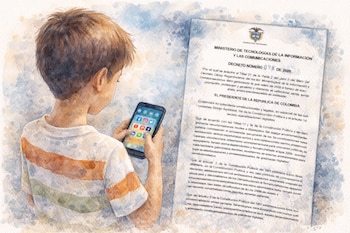 Ilustración de un menor de edad de espaldas usando un teléfono móvil con iconos de redes sociales, junto a un documento que parece un decreto.
