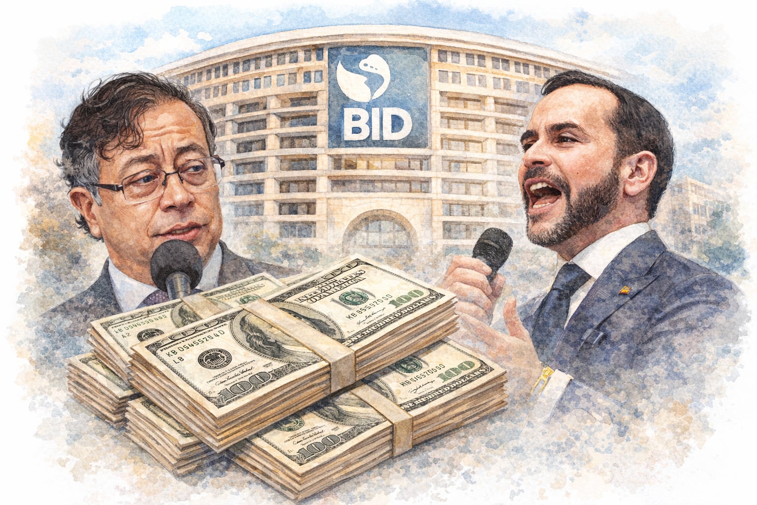 La acuarela sitúa a Gustavo Petro y Abelardo de la Espriella con micrófonos, junto a la fachada del Banco Interamericano de Desarrollo (BID) - crédito (Imagen Ilustrativa Infobae)