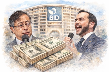 La acuarela sitúa a Gustavo Petro y Abelardo de la Espriella con micrófonos, junto a la fachada del Banco Interamericano de Desarrollo (BID) - crédito