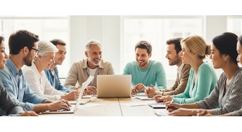 Vista horizontal de un grupo diverso de hombres y mujeres de distintas edades sentados alrededor de una mesa de madera clara, colaborando con laptops y papeles.