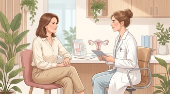 Ilustración de una mujer y una ginecóloga sonriendo y conversando en un consultorio moderno. Hay plantas, folletos y una maqueta anatómica del útero en el escritorio.