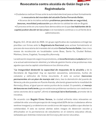 El proceso para intentar revocar el mandato del alcalde Carlos Fernando Galán ingresó en su fase decisiva tras la entrega formal de firmas a la Registraduría Nacional - crédito Comité de revocatoria