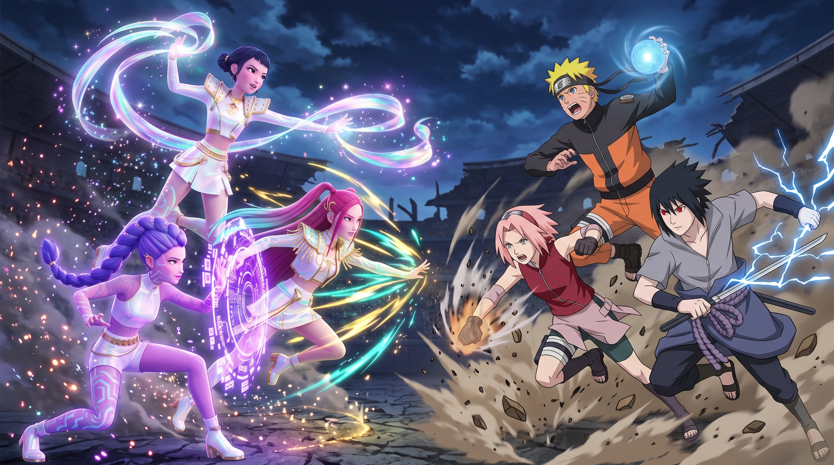 Esta es una ilustración generada con IA de una batalla entre Las Guerreras K-pop y el equipo 7 de Naruto. (Foto: Gemini)