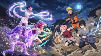 Tres guerreras con trajes blancos y poderes luminosos enfrentan a tres ninjas que despliegan técnicas de energía en una arena rocosa