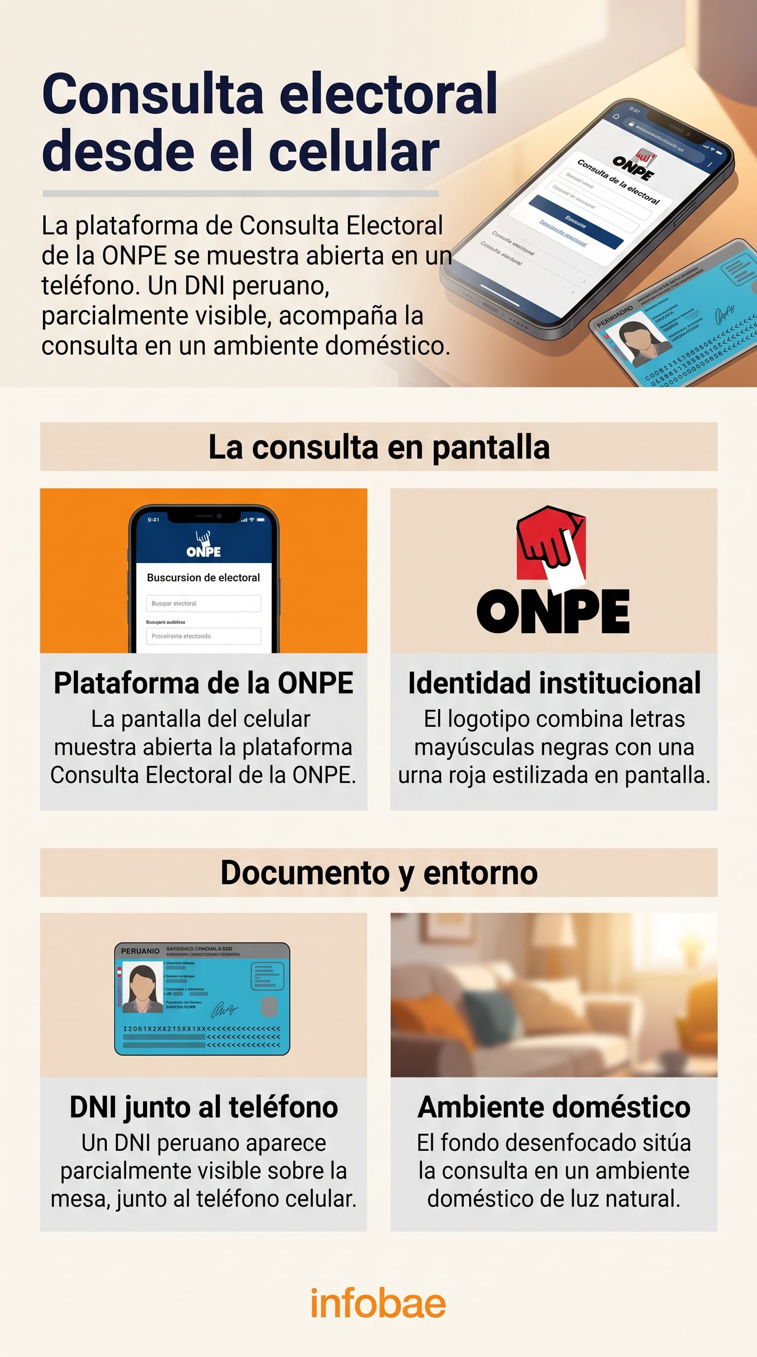 Una infografía de Infobae detalla los elementos necesarios para realizar la consulta electoral en la plataforma digital de la ONPE en Perú. (Imagen Ilustrativa Infobae)
