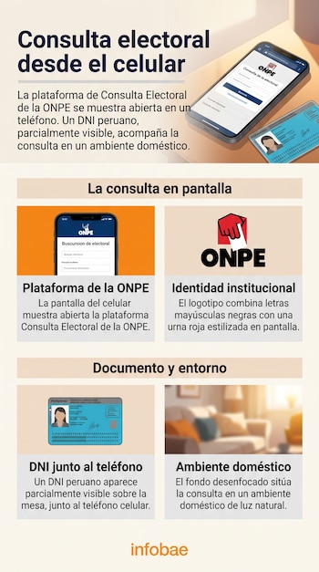 Infografía con secciones sobre la plataforma digital de la ONPE, un teléfono móvil, un DNI peruano y la representación de un entorno doméstico.
