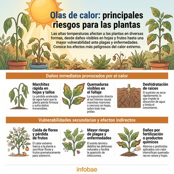 Infografía de Infobae: riesgos de olas de calor para plantas. Muestra un sol, plantas en macetas y seis paneles con ilustraciones y textos de daños.