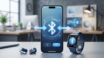 Una pantalla de celular muestra el logo de Bluetooth con flechas de conexión. Junto a él, unos audífonos inalámbricos y un smartwatch con el mismo logo. Fondo de oficina.