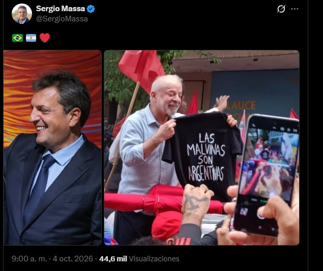 Sergio Massa respaldó la reelección de Luiz Inácio Lula da Silva con un mensaje publicado en la red social X.