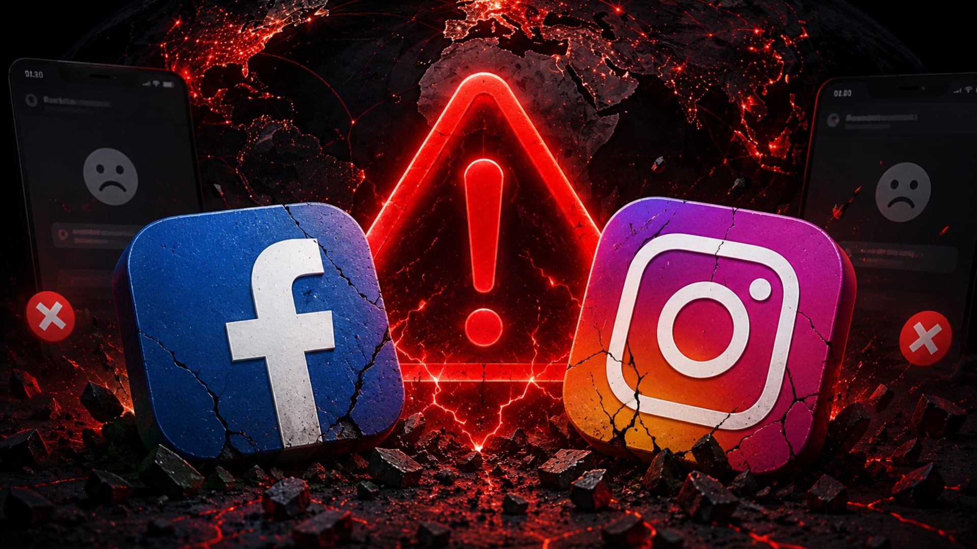 Una representación visual de la caída mundial que afectó a los servicios de Meta, incluyendo Facebook e Instagram, con una señal de advertencia central y dispositivos móviles inoperativos. (Imagen ilustrativa IA Infobae)
