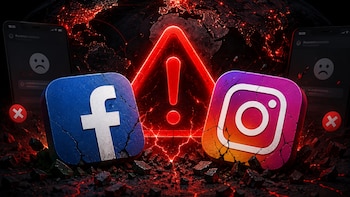 Logos agrietados de Facebook e Instagram, un signo de exclamación rojo brillante y teléfonos con errores, sobre un mapa mundial agrietado y rojo