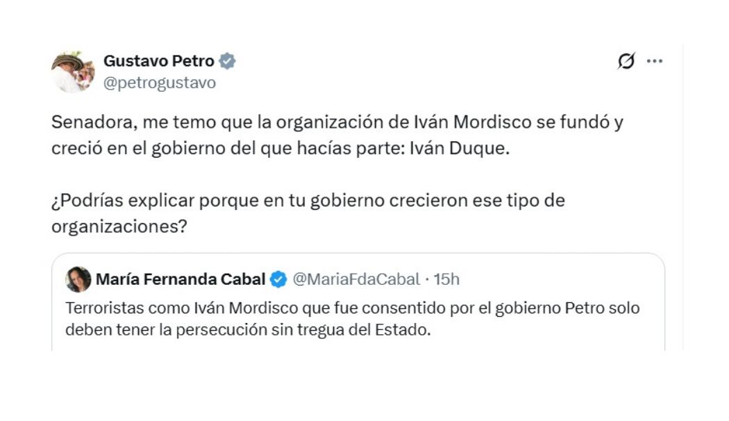 El enfrentamiento llegó a su punto máximo cuando Gustavo Petro, en respuesta directa a las críticas de Cabal, le lanzó una dura acusación - crédito @petrogustavo/X