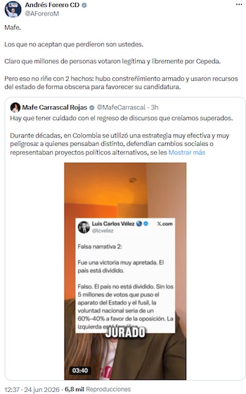 Andrés Forero respondió a Mafe Carrascal y denunció irregularidades en la votación que obtuvo Iván Cepeda el 21 de junio - crédito @AForeroM/X