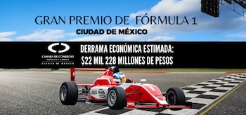 Un automóvil de carreras sobre una pista de asfalto y un panel negro con texto sobre la derrama económica estimada en la Ciudad de México