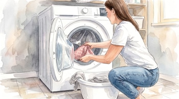 Ilustración en acuarela de una mujer agachada metiendo ropa en una lavadora abierta junto a un cesto.