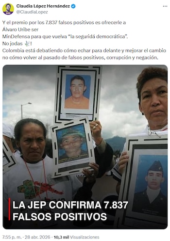 Claudia López criticó propuesta de Paloma Valencia y advirtió sobre un retorno al pasado de “falsos positivos” - crédito @ClaudiaLopez/X