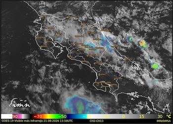 Imagen satelital del Instituto Meteorológico Nacional muestra nubosidad y zonas de lluvias dispersas sobre Costa Rica la mañana del 21 de agosto de 2026 (Cortesía: IMN).