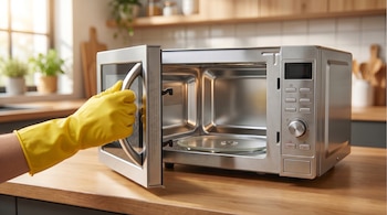Una mano con guante de goma amarillo abre la puerta de un microondas de acero inoxidable, situado en una encimera de madera clara en una cocina moderna.