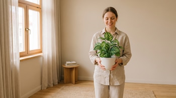 Una mujer con ropa de tono neutro sostiene una maceta blanca con una planta verde dentro de una habitación con piso de madera y ventana.