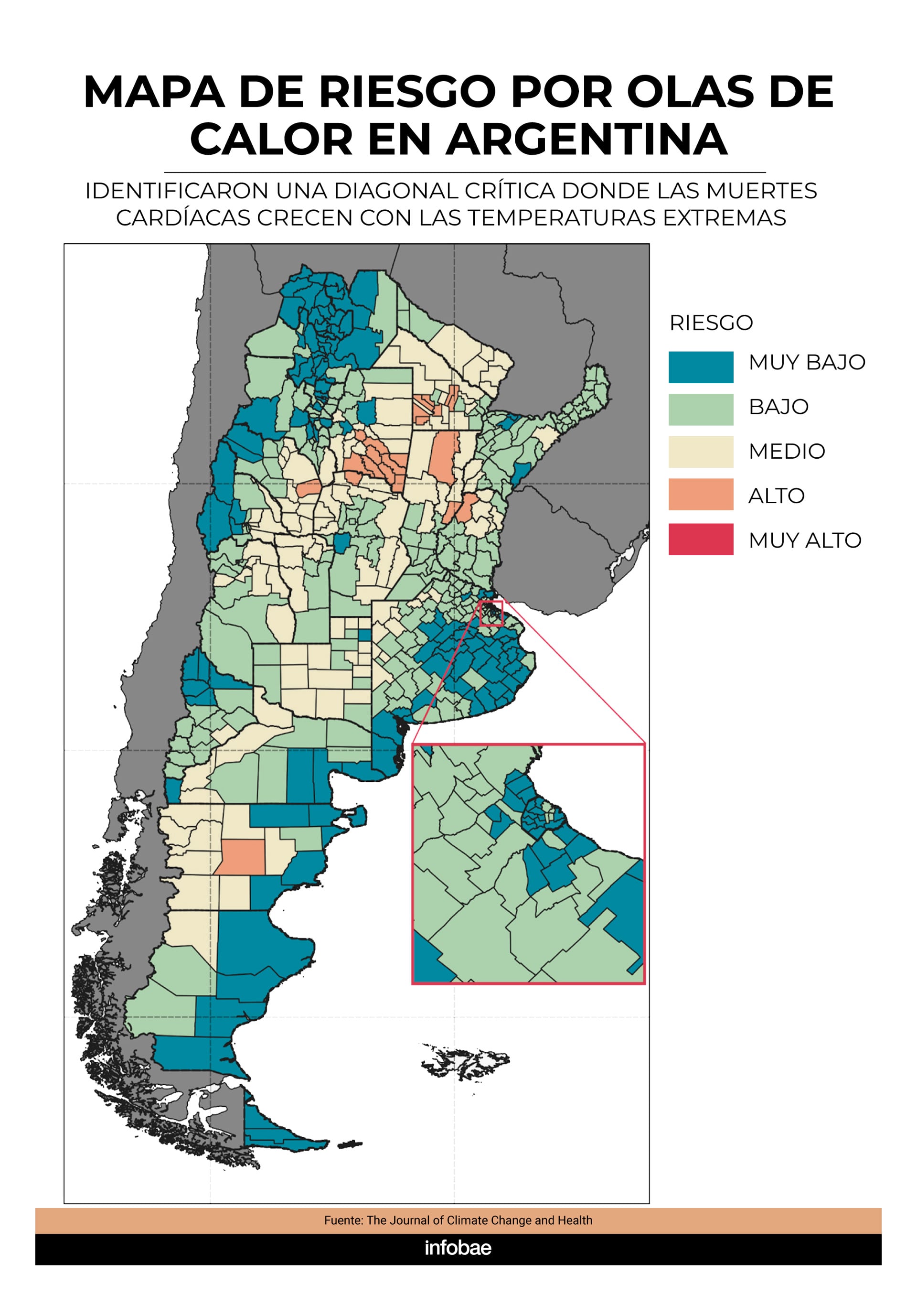 El mapa muestra las áreas donde el riesgo de morir por enfermedades cardíacas sube más durante los eventos de calor extremo en Argentina