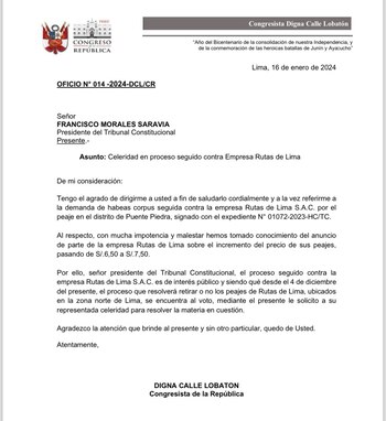 Oficio de Digna Calle al