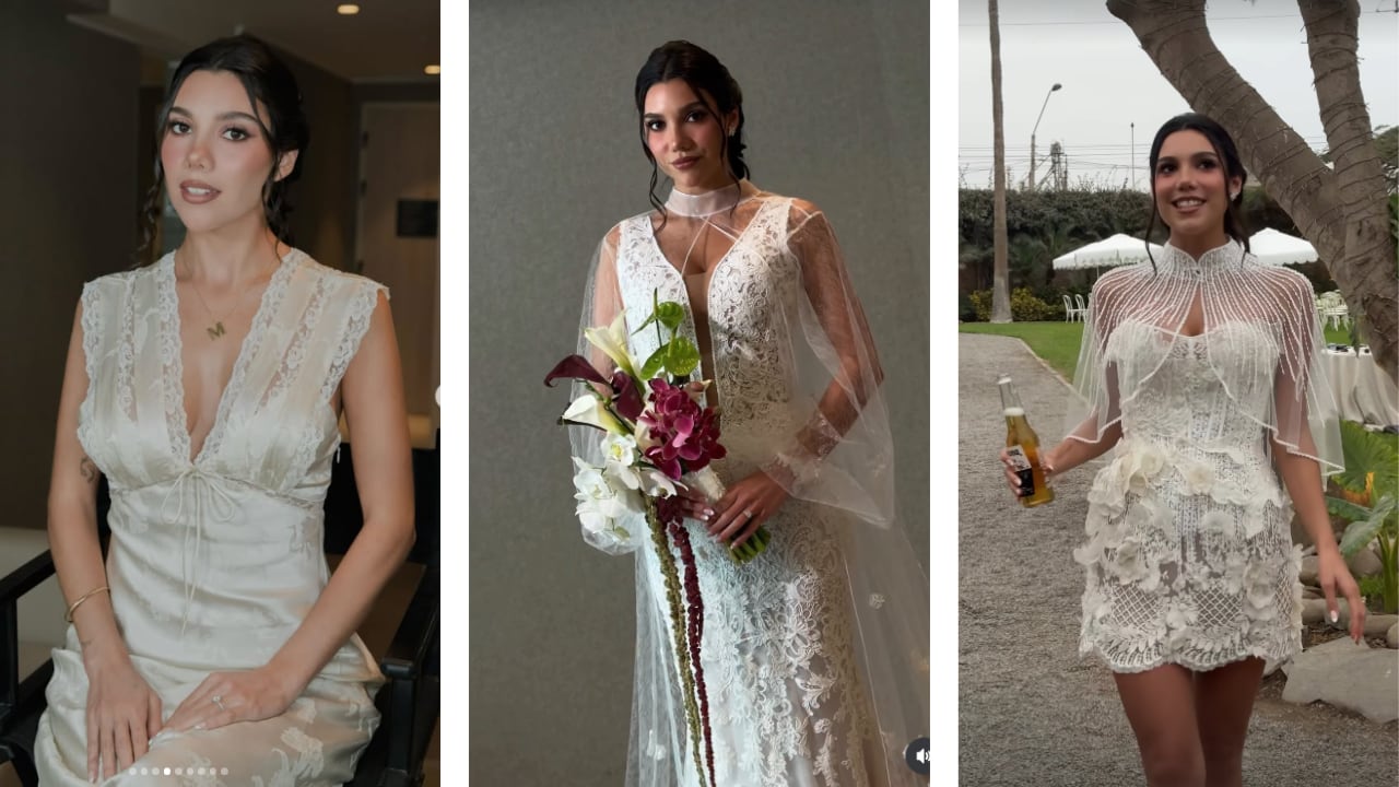 El vestido de novia de Mafer Neyra fue diseñado por Noe Bernacelli, quien también creó el traje de Ernesto Cabieses para la boda.