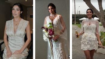 Tres imágenes de una mujer con tres vestidos blancos distintos: uno lencero, uno de novia con ramo y uno corto en un jardín