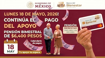 Gráfico promocional del Gobierno de México y Banco del Bienestar. Muestra a una pareja de adultos mayores, billetes, un calendario y una tarjeta de Bienestar.