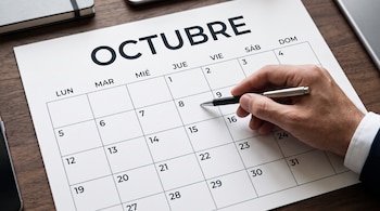 Una mano sostiene un bolígrafo y señala el número ocho en un calendario impreso de octubre sobre una mesa de madera.